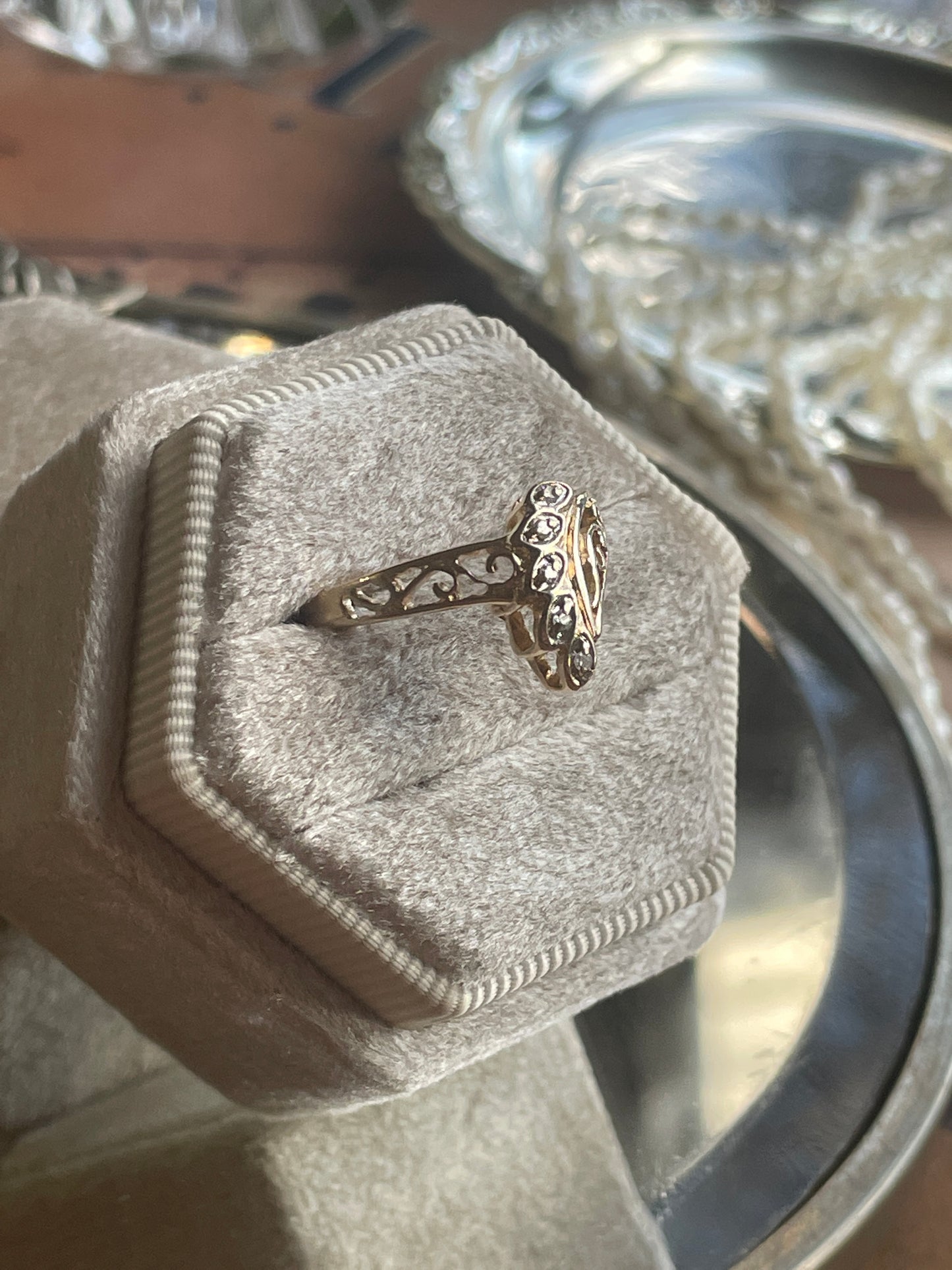10K Filigree Diamond Wishbone Ring