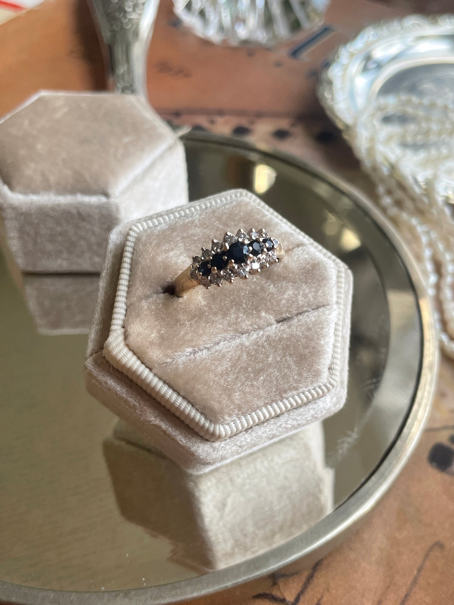 Vintage 10K Tiered Sapphire and Diamond Ring