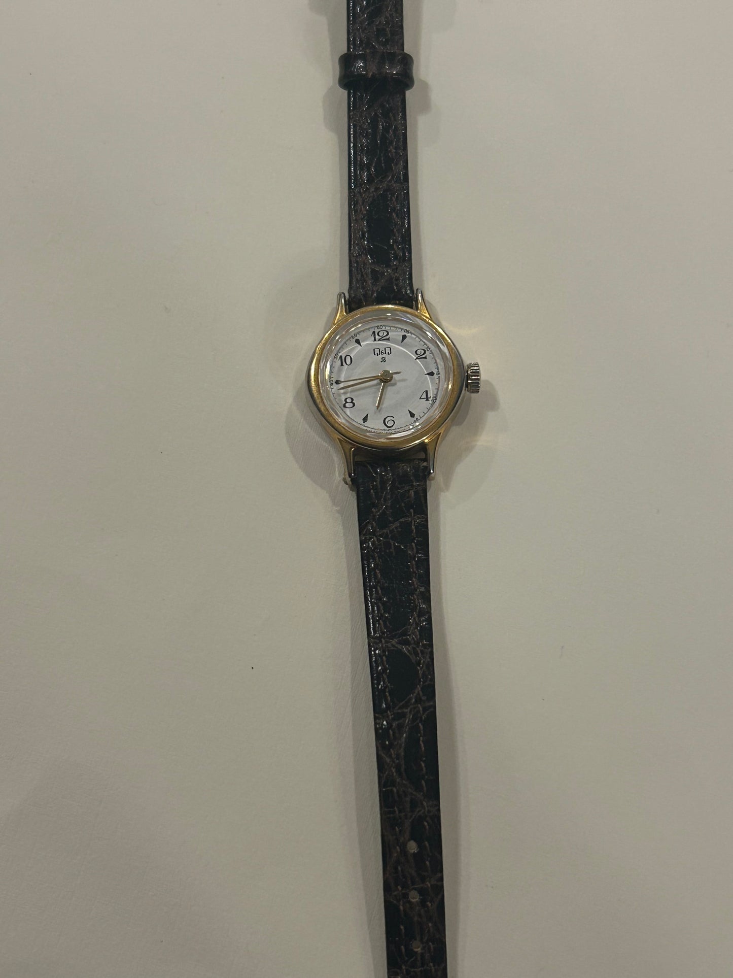 Q&Q Petite Gold-Tone Manual Watch with Black Croc Strap (80s/90s)