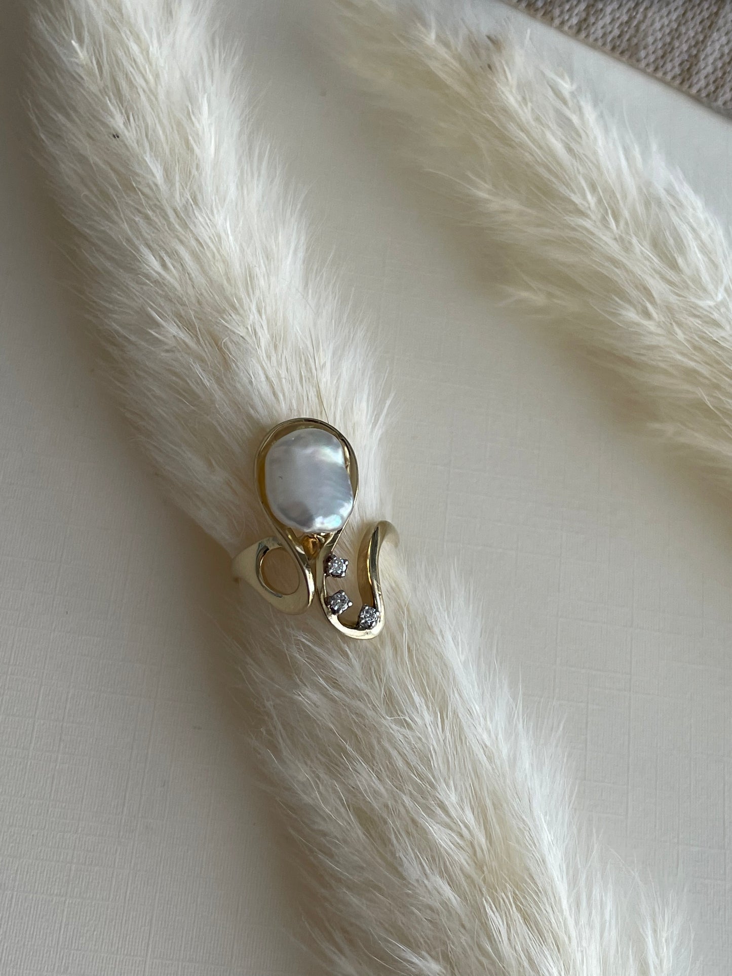 14K Pearl + Diamond Swirl Ring