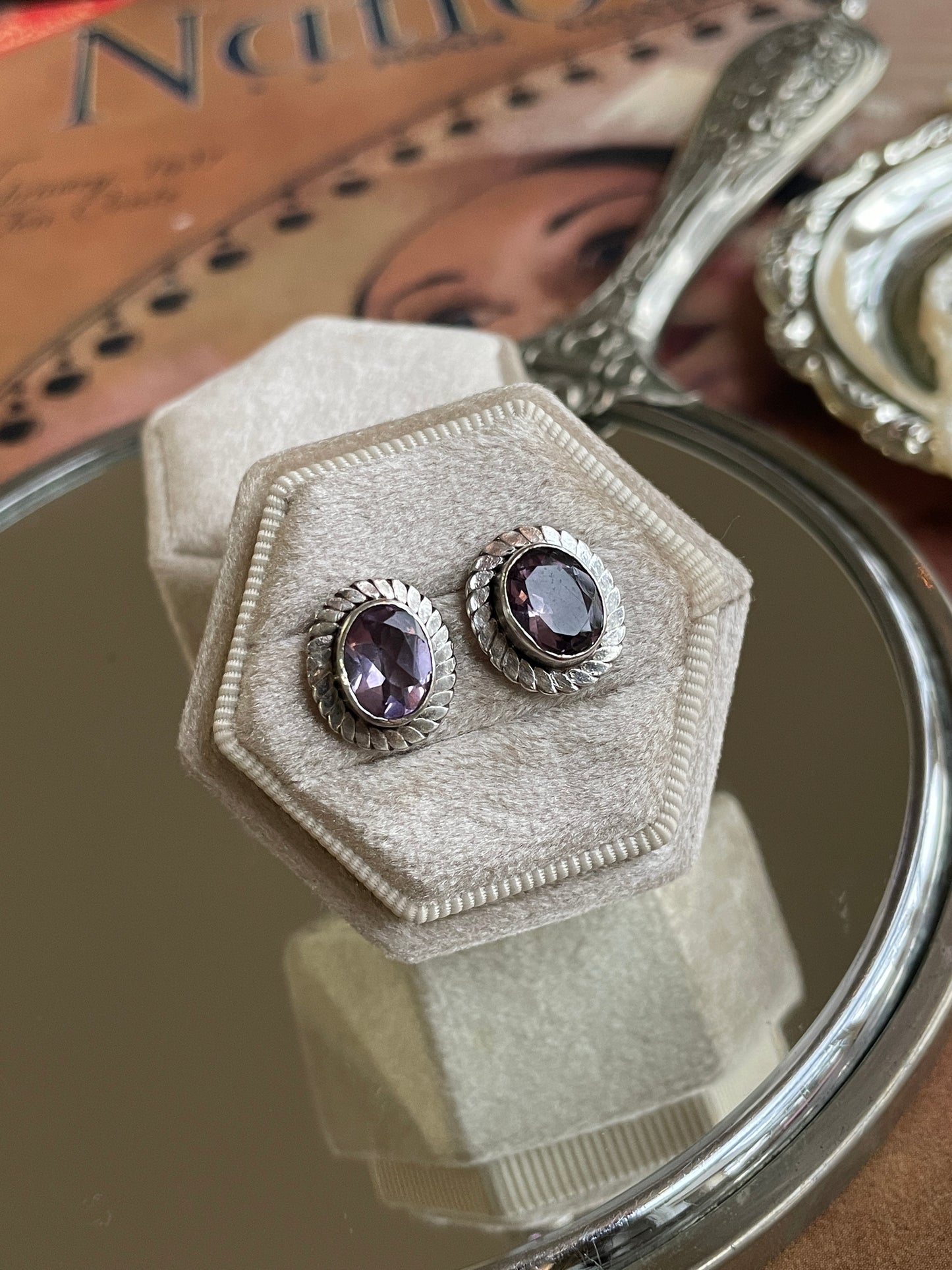 Vintage Sterling Silver Decorative Lilac Amethyst Earrings