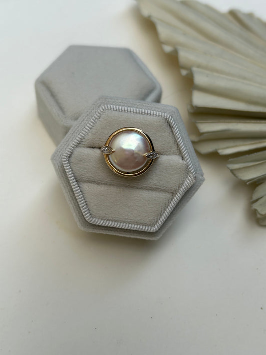 Freshwater Button Pearl and Diamond Ring