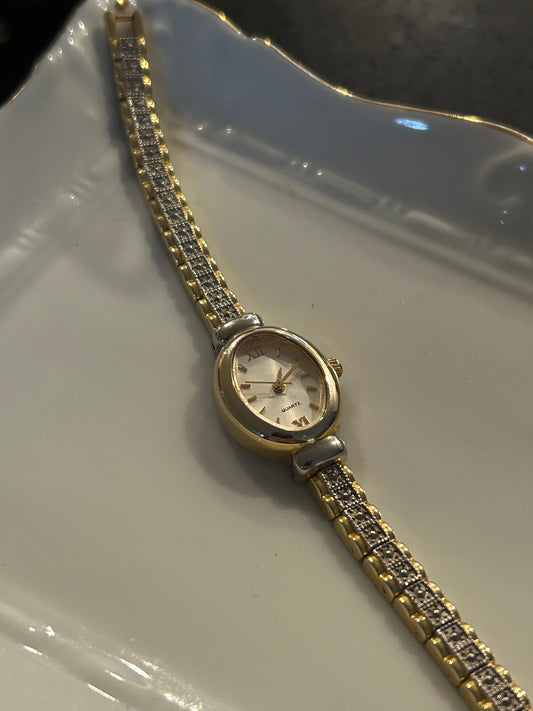 Two Toned Oval Bracelet Watch with Diamond-Cut Band