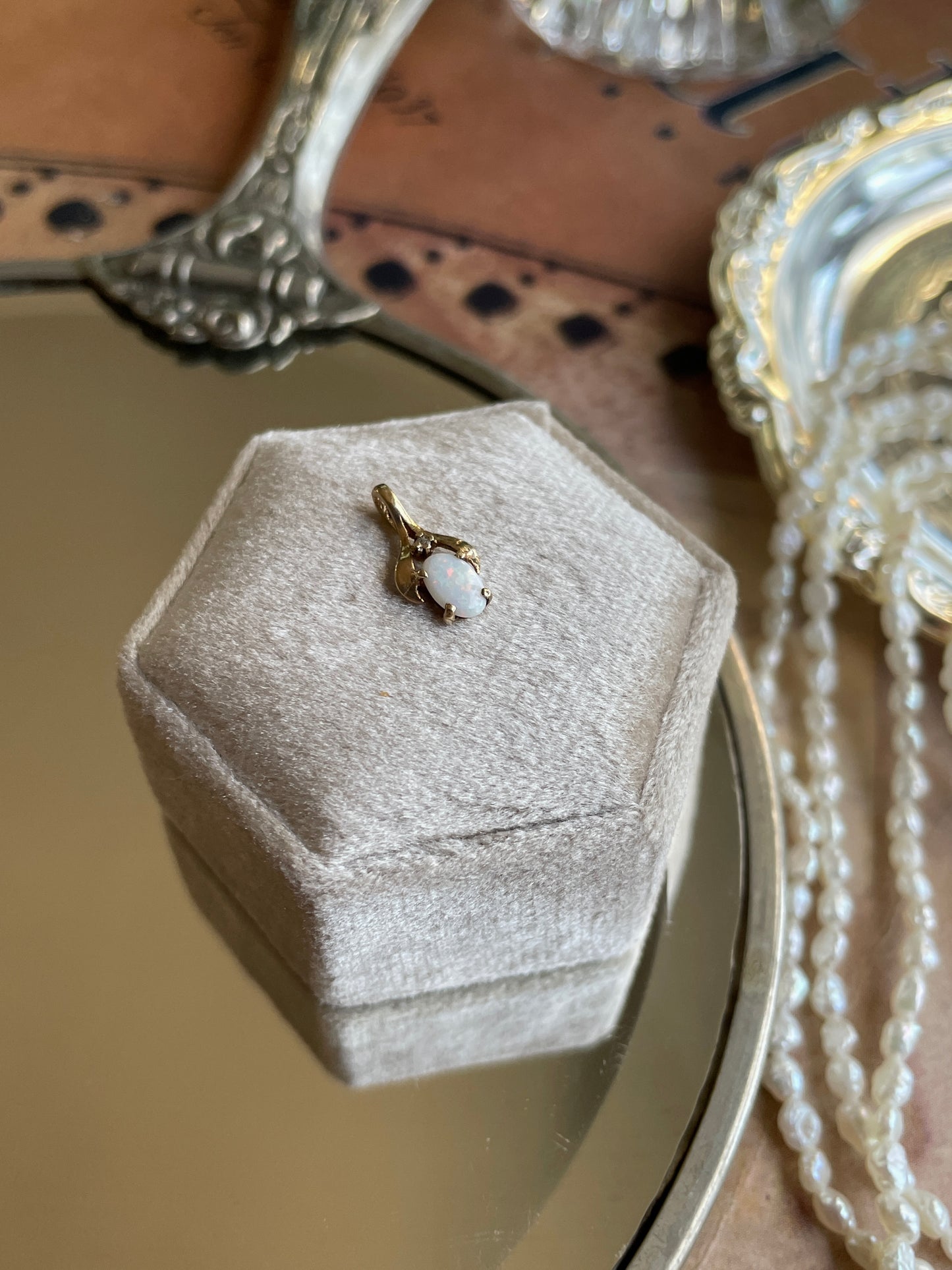 Dainty 10K Opal and Diamond Wishbone Pendant