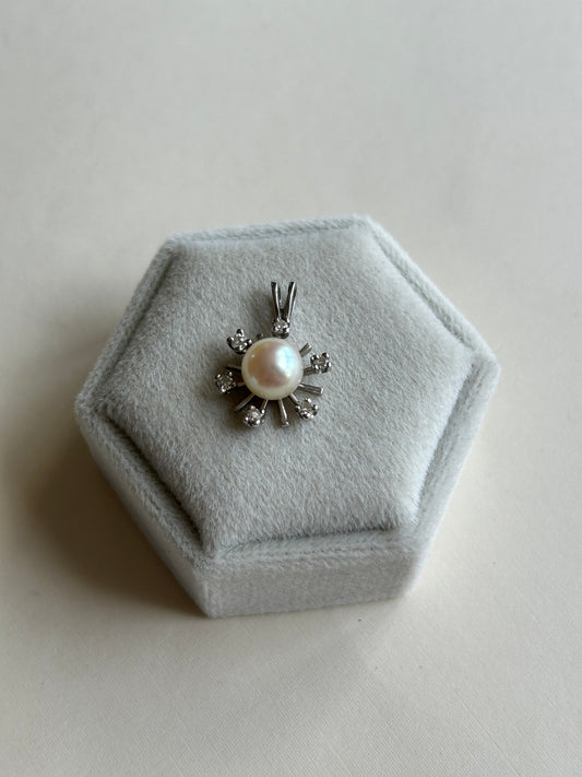 Vintage 14K White Gold Pearl and Diamond Snowflake Pendant