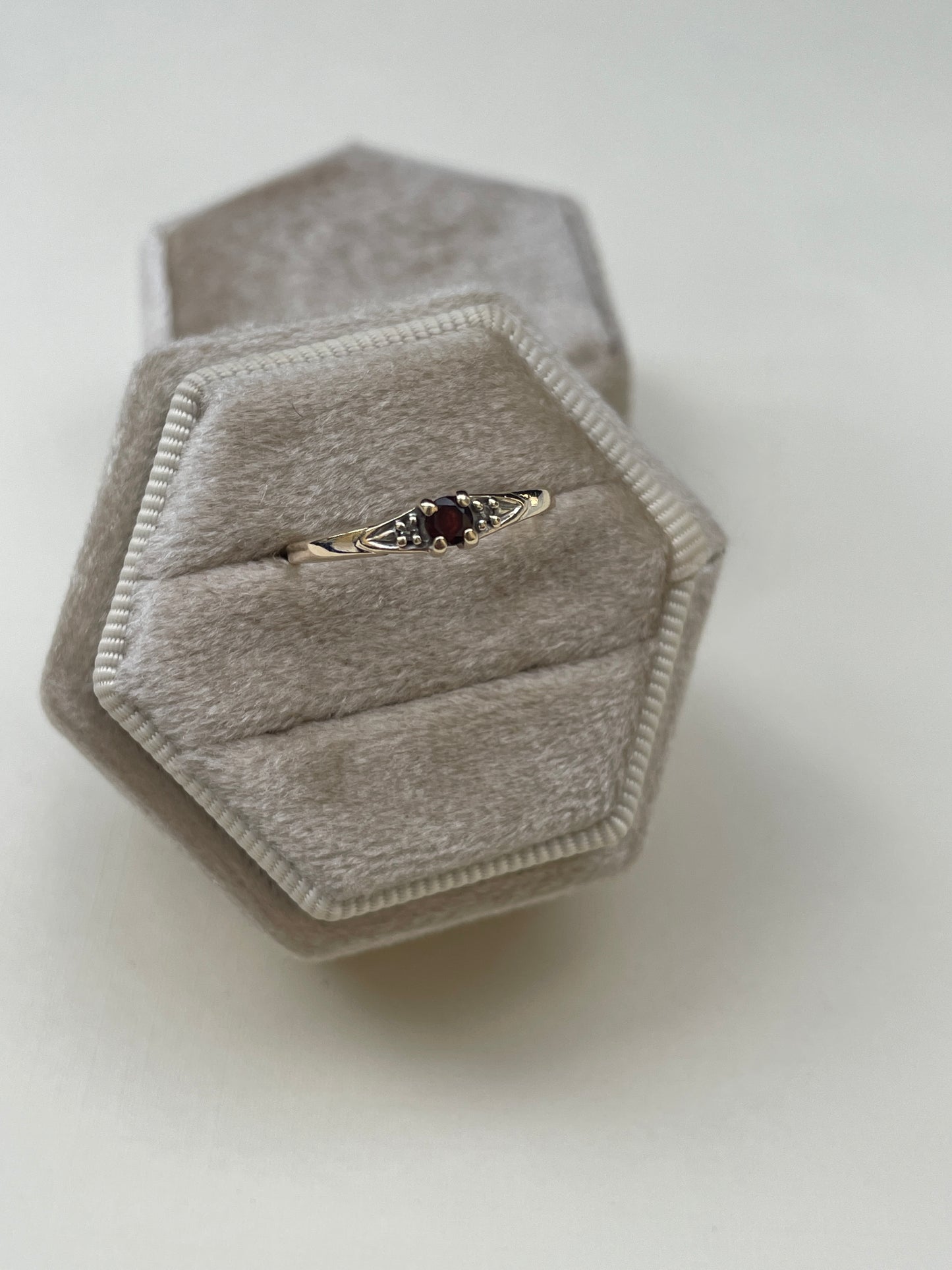 10K Dainty Deep Red Garnet + Diamond Ring