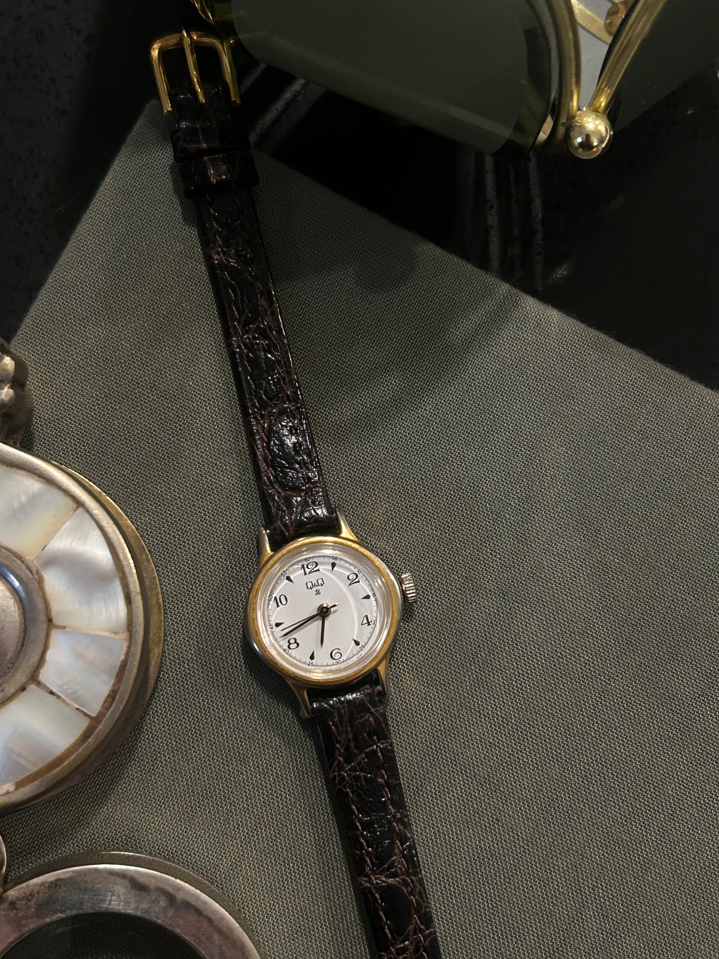 Q&Q Petite Gold-Tone Manual Watch with Black Croc Strap (80s/90s)