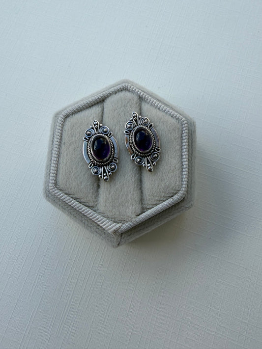 Silver Amethyst Ornate Studs