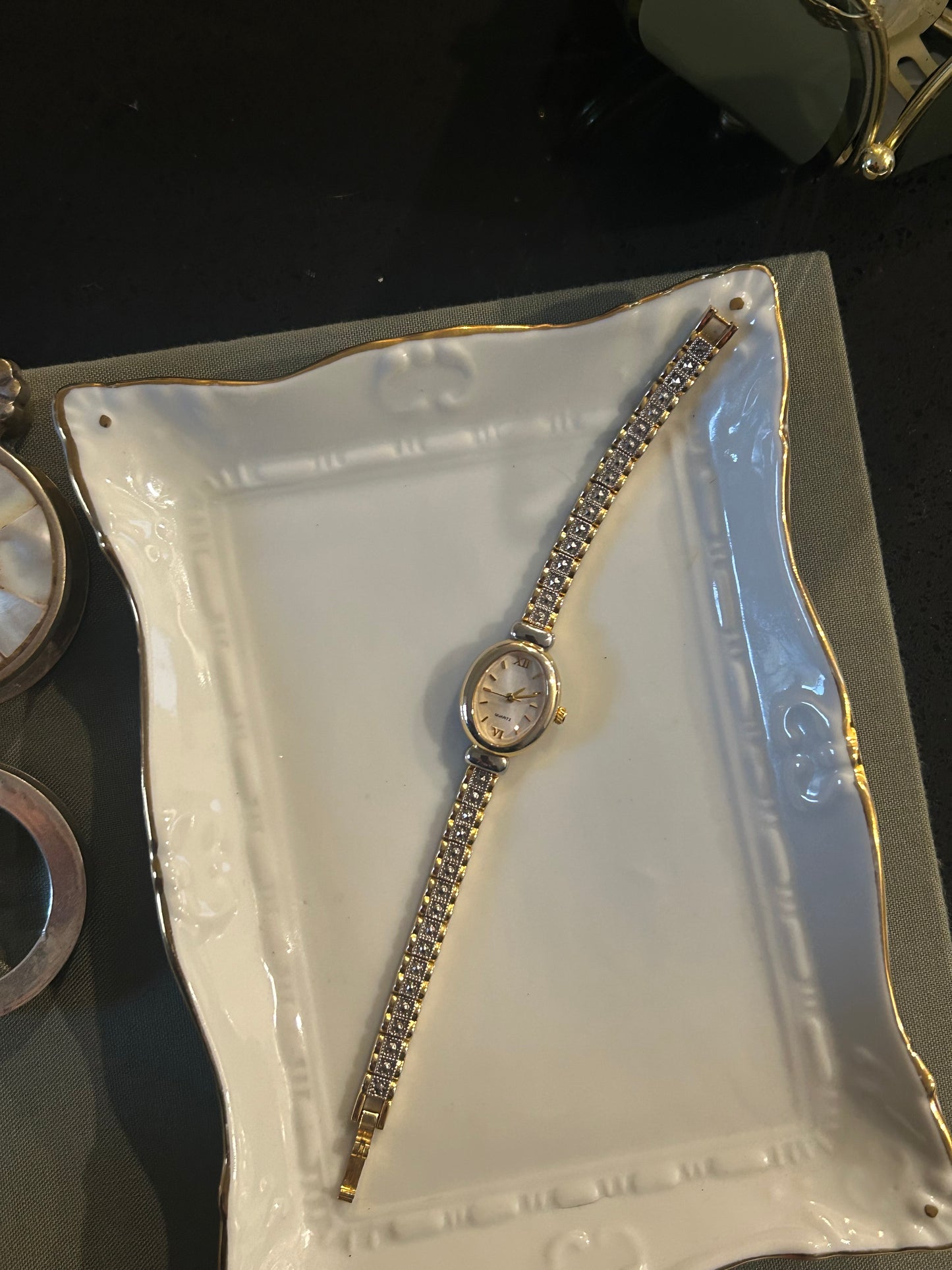 Two Toned Oval Bracelet Watch with Diamond-Cut Band