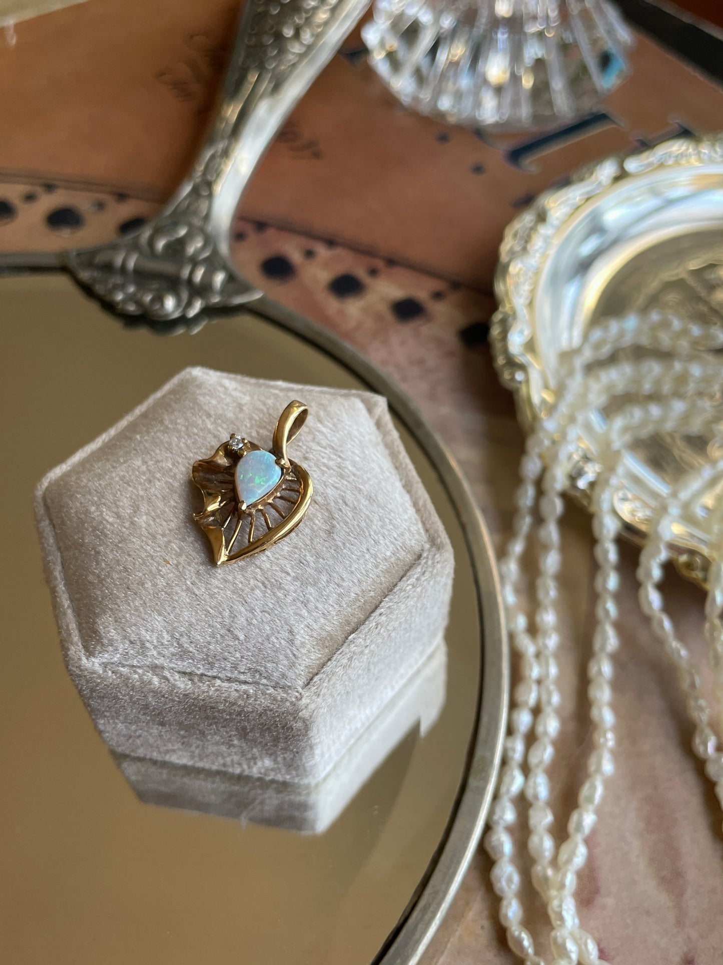 Vintage 14K Opal + Diamond Pendant Large