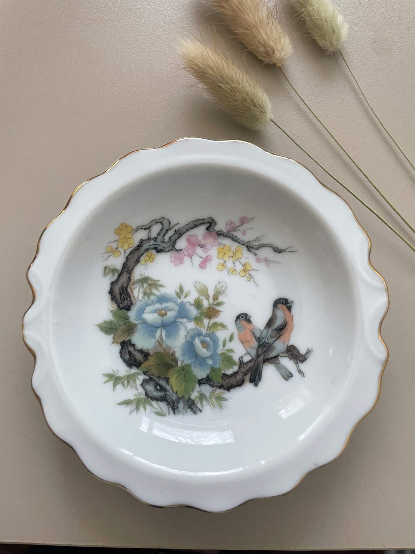 Vintage Floral + Bird Ceramic Dish